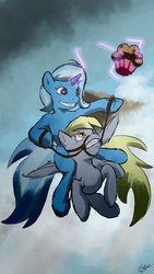 Size: 672x1189 | Tagged: safe, artist:remenbrand, derpy hooves, trixie, pegasus, pony, g4, female, mare, muffin, ponies riding ponies, riding