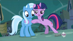 Size: 1280x720 | Tagged: safe, screencap, trixie, twilight sparkle, g4, magic duel, lidded eyes, out of context