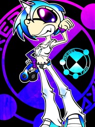 Size: 1280x1699 | Tagged: safe, artist:pan-pizza, dj pon-3, vinyl scratch, human, g4, female, glowstick, grin, headphones, horn, horned humanization, humanized, rebeltaxi, solo