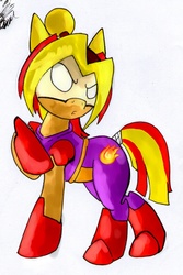 Size: 1260x1884 | Tagged: source needed, useless source url, safe, artist:keronaxd, sunset shimmer, pony, g4, bomberman, bomberman 64, female, keronaxd, masked shimmer, ponified, prince artemis, solo, traditional art