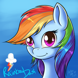 Size: 2000x2000 | Tagged: safe, artist:ac-whiteraven, rainbow dash, pegasus, pony, g4, bust, cutie mark, female, mare, signature, smiling, solo, text