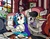 Size: 2480x1939 | Tagged: safe, artist:jowyb, dj pon-3, neon lights, octavia melody, rising star, vinyl scratch, earth pony, pony, unicorn, g4, duo, interior, messy, red eyes, relaxing, sandwich, sitting