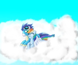 Size: 910x756 | Tagged: safe, artist:commypink, rainbow dash, soarin', g4, cloud, cloudy, female, male, ship:soarindash, shipping, snuggling, straight