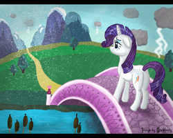 Size: 4000x3202 | Tagged: safe, artist:thehardy, rarity, g4, bridge, crying, high res, rain, swapped cutie marks