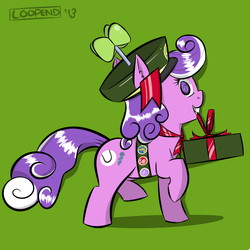 Size: 1000x1000 | Tagged: safe, artist:pijinpyon, screwball, pony, g4, badge, cookie, female, filly guides, hat, mouth hold, package, present, propeller hat, scout, solo, swirly eyes