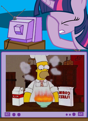 Size: 563x771 | Tagged: safe, twilight sparkle, g4, cereal, epic fail, exploitable meme, facehoof, fire, homer simpson, male, milk, reversed, the simpsons, tv meme