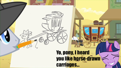 Size: 853x480 | Tagged: safe, edit, edited screencap, screencap, lucky clover, twilight sparkle, earth pony, pony, unicorn, g4, over a barrel, appleloosa, caption, carriage, drawing, female, horse-drawn horse-drawn carriage, male, mare, meme, mouth hold, pencil, pun, stallion, xzibit, yo dawg
