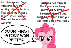 Size: 600x400 | Tagged: safe, pinkie pie, g4, fourth wall, meta, seems legit, text, the princess bride