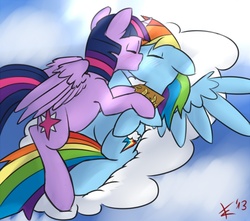 Size: 1000x883 | Tagged: safe, artist:crade, rainbow dash, twilight sparkle, alicorn, pony, g4, book, cloud, cloudy, duo, eyes closed, female, kiss on the lips, kissing, lesbian, mare, on a cloud, ship:twidash, shipping, twilight sparkle (alicorn)