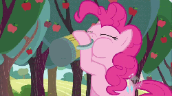 Size: 720x405 | Tagged: safe, screencap, pinkie pie, earth pony, pony, g4, season 2, the super speedy cider squeezy 6000, animated, apple, apple tree, cider, drink, drinking, female, gif, hub logo, mare, mug, solo, tongue out, tree