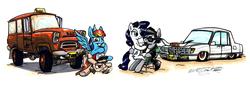 Size: 6376x2232 | Tagged: safe, artist:sketchywolf-13, rainbow dash, rarity, oc, oc:sketchy, earth pony, pegasus, pony, unicorn, g4, anarchist, bull horns, cadillac, cadillac deville, canon x oc, car, cigarette, clothes, fdae, female, greaser, jacket, leather jacket, male, mare, redneck, shipping, sitting on lap, sitting on person, spread wings, stallion, sunglasses, wings