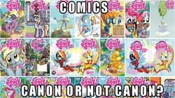 Size: 640x360 | Tagged: safe, idw, bon bon, derpy hooves, doctor whooves, fluttershy, lyra heartstrings, pinkie pie, princess celestia, rainbow dash, soarin', spitfire, sweetie drops, time turner, twilight sparkle, g4, canon, comic, comic book, comic cover