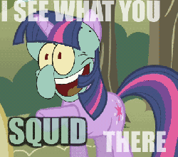 Size: 400x355 | Tagged: safe, twilight sparkle, g4, animated, cult of squidward, dying for pie, male, pun, spongebob squarepants, squidward tentacles
