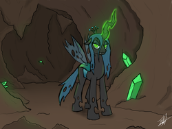Size: 1600x1200 | Tagged: safe, artist:tomazii7, queen chrysalis, changeling, changeling queen, g4, cave, crown, crystal, female, glowing horn, horn, jewelry, regalia