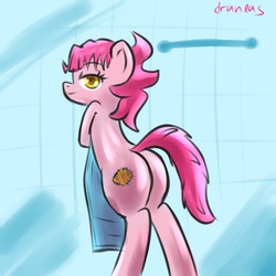 Size: 1000x1000 | Tagged: safe, artist:draneas, patch (g1), earth pony, pony, g1, g4, my little pony tales, 30 minute art challenge, bipedal, butt, eyebrows, eyebrows visible through hair, female, g1 to g4, generation leap, looking at you, looking back, looking back at you, mare, plot, rear view, smiling, smiling at you, solo, towel