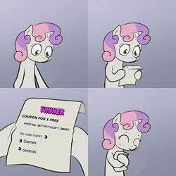 Size: 2000x2000 | Tagged: safe, sweetie belle, g4, coupon, exploitable meme, female, filly, foal, hug, meme, sweetie hugs a note, sweetie's note meme, video game