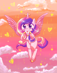 Size: 641x815 | Tagged: safe, artist:resentfuljoy, princess cadance, alicorn, pony, g4, female, filly, flying, heart, letter, mouth hold, solo, younger