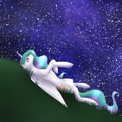 Size: 2250x2250 | Tagged: safe, artist:azarathedragon, princess celestia, alicorn, pony, g4, female, mare, night, on back, solo, stars