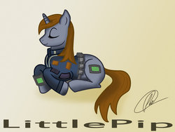 Size: 1024x768 | Tagged: safe, artist:stein-vs, oc, oc only, oc:littlepip, pony, unicorn, fallout equestria, clothes, cutie mark, eyes closed, fanfic, fanfic art, female, hooves, horn, jumpsuit, lying down, mare, pipbuck, prone, simple background, smiling, solo, text, vault suit