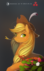 Size: 2000x3188 | Tagged: dead source, safe, artist:antiander, part of a set, applejack, earth pony, pony, g4, beautiful, feather, female, freckles, hat, looking at you, mare, portrait, solo