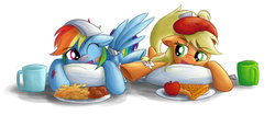Size: 900x378 | Tagged: dead source, safe, artist:xioade, applejack, rainbow dash, earth pony, pegasus, pony, g4, apple, apple pie, bandaid, drink, duo, duo female, female, food, french fries, injured, pie, red nosed, sick