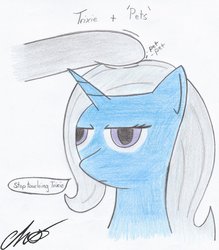 Size: 900x1026 | Tagged: safe, artist:moonlightscribe, trixie, g4, dialogue, disembodied hoof, petting, solo focus, traditional art, unamused