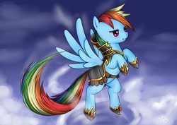 Size: 7014x4960 | Tagged: safe, artist:forgotten-wings, rainbow dash, pegasus, pony, g4, absurd resolution, armor, bipedal, clothes, cloud, cloudy, female, mare, raised hoof, sky, smiling, solo