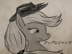 Size: 2048x1536 | Tagged: safe, artist:mylittleninja, applejack, g4, hat, ink, japanese, katakana