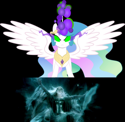 Size: 1136x1108 | Tagged: safe, princess celestia, g4, the crystal empire, corrupted, dark magic, evil, galadriel, image macro, jewelry, lord of the rings, magic, peytral, sombra eyes, tiara, tolkien