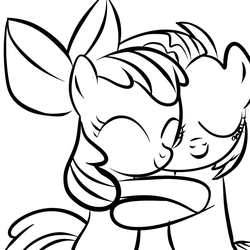 Size: 996x996 | Tagged: safe, artist:rainb0wdashie, apple bloom, babs seed, earth pony, pony, g4, black and white, duo, female, filly, foal, grayscale, hug, lineart, monochrome, simple background, white background