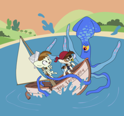 Size: 1500x1400 | Tagged: safe, artist:shinjitoo, featherweight, pipsqueak, princess luna, earth pony, pegasus, pony, squid, g4, ponyville confidential, the show stoppers, boat, colt, foal, hat, lake, paper hat, peril, pirate, roberto the squid, this will end in tears and/or death, trottingham, water
