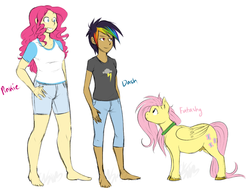 Size: 1200x918 | Tagged: safe, artist:cartoonlion, fluttershy, pinkie pie, rainbow dash, oc, oc:futashy, human, pegasus, pony, futaverse, g4, balls, barefoot, breasts, feet, female, futa, futa fluttershy, humanized, intersex, nudity, sheath