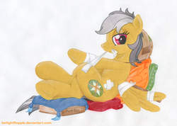 Size: 1405x1000 | Tagged: safe, artist:foxxy-arts, daring do, g4, bandage, bedroom eyes, book, hooves, looking at you, relaxing, splint, underhoof