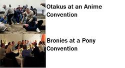 Size: 960x519 | Tagged: safe, human, barely pony related, brony, comparison, convention, irl, irl human, otaku, photo, riot, text