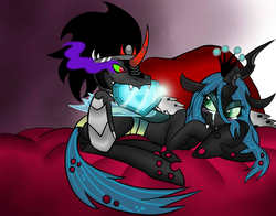 Size: 1400x1100 | Tagged: safe, artist:skitzopheliac, king sombra, queen chrysalis, changeling, changeling queen, pony, unicorn, g4, blushing, crown, crying, crystal heart, fangs, female, jewelry, male, regalia, ship:chrysombra, shipping, straight, transparent wings, unholy matrimony, wings