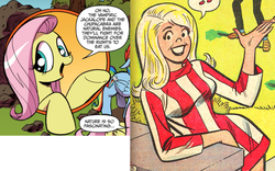 Size: 816x508 | Tagged: safe, idw, fluttershy, human, friendship is magic #3, g4, my little pony: friendship is magic (idw), archie comics, bad advice fluttershy, comparison, exploitable meme, josie and the pussycats, melody valentine, meme, riverdale