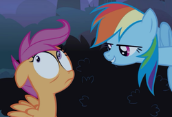 Size: 800x546 | Tagged: safe, screencap, rainbow dash, scootaloo, g4, sleepless in ponyville, faic, lidded eyes, out of context, stranger danger