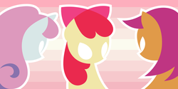 Size: 2400x1200 | Tagged: safe, artist:dahtamnay, apple bloom, scootaloo, sweetie belle, earth pony, pegasus, pony, unicorn, g4, bow, cutie mark, cutie mark crusaders, female, filly, foal, glowing eyes, hair bow, hooves, horn, lineless, minimalist