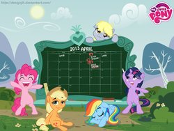 Size: 1024x768 | Tagged: dead source, safe, artist:php94, applejack, derpy hooves, pinkie pie, rainbow dash, twilight sparkle, earth pony, pegasus, pony, unicorn, g4, april, april fools, calendar, female, korean, mare, my little pony logo