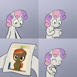 Size: 2000x2000 | Tagged: safe, button mash, sweetie belle, g4, blushing, comic, crush, cute, exploitable meme, female, happy, high score, hnnng, hug, male, meme, paper, ship:sweetiemash, shipping, straight, sweetie hugs a note, sweetie's note meme