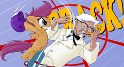 Size: 900x488 | Tagged: safe, artist:rocketknightgeek, scootaloo, human, g4, abuse, colonel sanders, crossover, eyes closed, glasses, helmet, kfc, not a chicken, punch