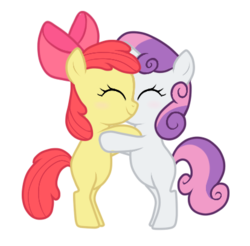 Size: 414x408 | Tagged: safe, artist:lifelspain, apple bloom, sweetie belle, earth pony, pony, unicorn, g4, bipedal, cute, duo, female, filly, hug, simple background, transparent background