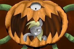 Size: 1920x1280 | Tagged: safe, artist:asluc96, derpy hooves, pegasus, pony, g4, crossover, female, halloween, holiday, jack-o-lantern, mare, pumpkin, pumpking the king of ghosts, yu-gi-oh!