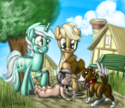 Size: 1889x1634 | Tagged: safe, artist:simpe94, applejack, lyra heartstrings, winona, human, g4, baby, collar, human baby, humie, pet, pet human