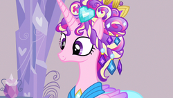 Size: 1280x720 | Tagged: safe, screencap, princess cadance, alicorn, pony, g4, games ponies play, ceremonial headdress, clothes, dress, female, mare, smiling, solo