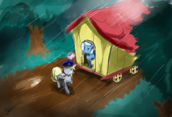 Size: 2070x1407 | Tagged: safe, artist:remenbrand, derpy hooves, trixie, pegasus, pony, g4, female, letter, mare, rain, trixie's wagon, wagon
