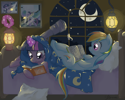 Size: 1000x800 | Tagged: dead source, safe, artist:elenaboosy, princess celestia, rainbow dash, shining armor, twilight sparkle, alicorn, pegasus, pony, g4, bed, blanket, book, crescent moon, egghead, female, framed picture, glowing, glowing horn, golden oaks library, hoof hold, horn, lantern, lesbian, lying down, magic, magic aura, mare, moon, neck hug, night, on back, oscar wilde, picture, pillow, prone, reading, ship:twidash, shipping, signature, sleepover, smiling, stars, sylvia plath, telekinesis, telescope, the bell jar, the picture of dorian gray, window