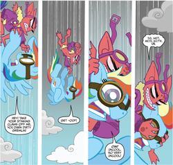 Size: 946x902 | Tagged: safe, artist:tony fleecs, idw, official comic, rainbow dash, runt the cloud gremlin, cloud gremlins, pegasus, pony, g4, micro-series #2, my little pony micro-series, comic, falling, goggles, planet of the apes