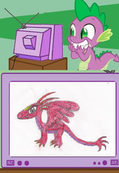 Size: 415x600 | Tagged: safe, artist:star dragon, spike, oc, oc:ariel, dragon, g4, claws, exploitable meme, fangs, female, grin, male, smiling, spread wings, tail, traditional art, tv meme, wings