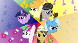 Size: 1024x565 | Tagged: safe, artist:punzil504, aunt orange, blossomforth, daring do, octavia melody, trixie, twilight sparkle, earth pony, pony, unicorn, g4, alternate mane six, alternate universe, cutie mark background, female, horn, manehattan 6, manehattan verse, mare